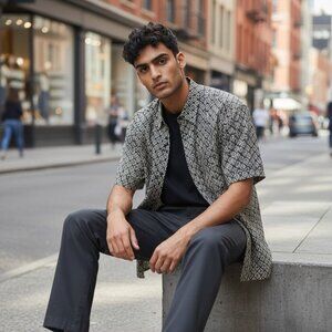 Ron Chereskin Men Button Up Shirt LT Gray Geometric Silk Short Sleeve